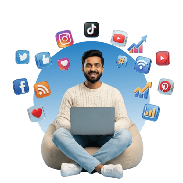 Man using laptop with social media icons stock photo